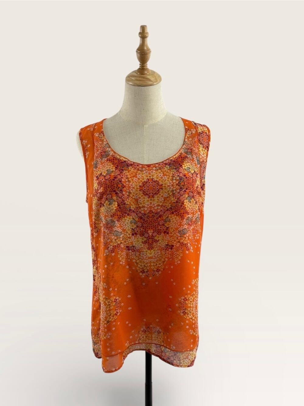 CAbi Romantic Merrow Edge Floral Orange Sheer Top, Size Med